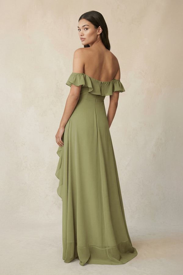 Ruffled Off-the-Shoulder A-Line Chiffon Bridesmaid Dress in Moss Green - SHE IS ME BRIDESMAID DRESSES