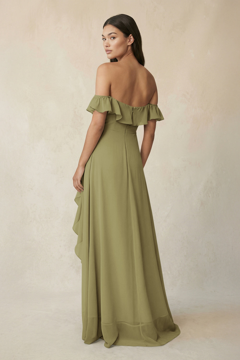 Ruffled Off-the-Shoulder A-Line Chiffon Bridesmaid Dress in Moss Green