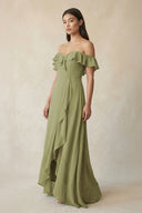 Ruffled Off-the-Shoulder A-Line Chiffon Bridesmaid Dress in Moss Green - SHE IS ME BRIDESMAID DRESSES