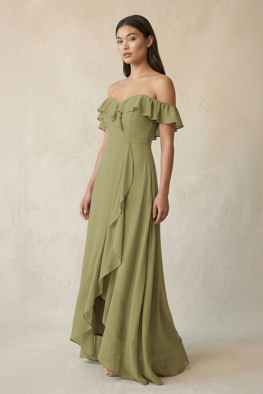 Ruffled Off-the-Shoulder A-Line Chiffon Bridesmaid Dress in Moss Green