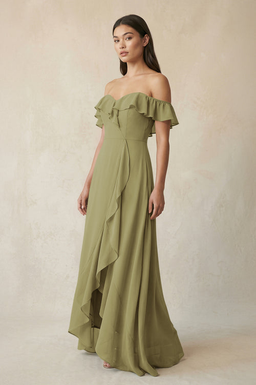 Ruffled Off-the-Shoulder A-Line Chiffon Bridesmaid Dress in Moss Green | KISSBRIDAL