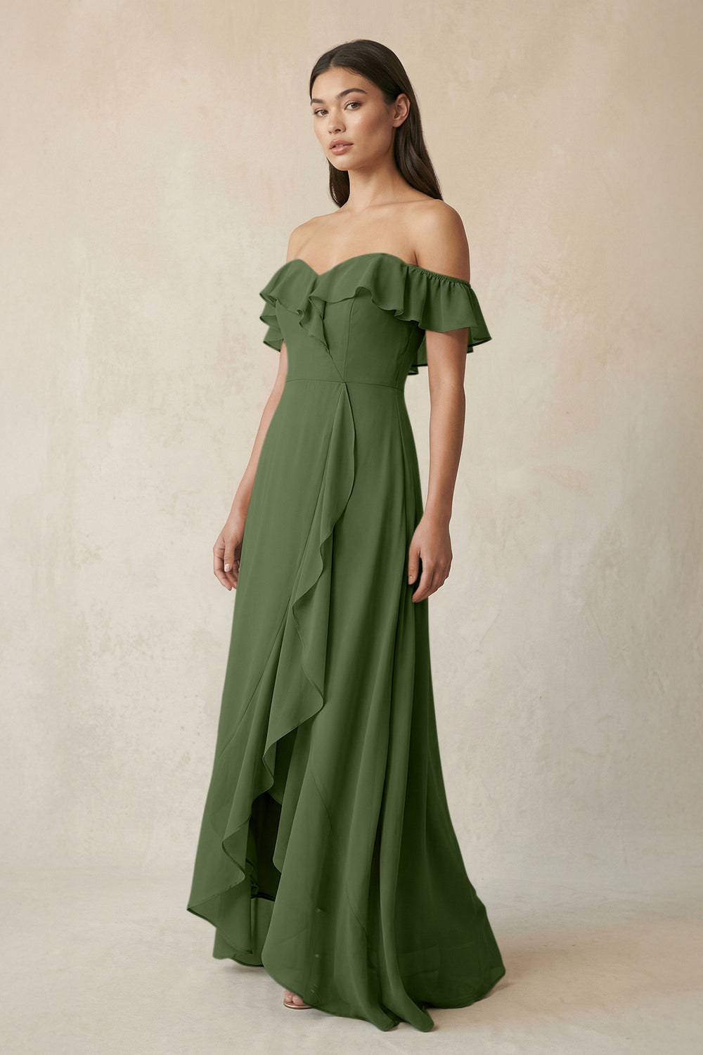 Ruffled Off-the-Shoulder A-Line Chiffon Bridesmaid Dress in Moss