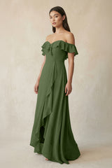 Ruffled Off-the-Shoulder A-Line Chiffon Bridesmaid Dress in Moss | KISSBRIDAL
