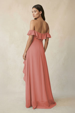 Ruffled Off-the-Shoulder A-Line Chiffon Bridesmaid Dress in Mulberry (2) | KISSBRIDAL