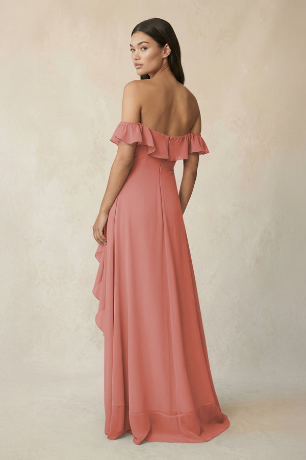 Ruffled Off-the-Shoulder A-Line Chiffon Bridesmaid Dress in Mulberry (2) | KISSBRIDAL