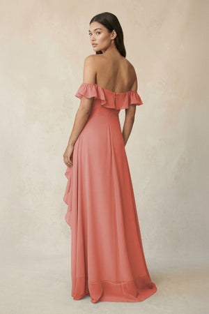 Ruffled Off-the-Shoulder A-Line Chiffon Bridesmaid Dress in Mulberry - SHE IS ME BRIDESMAID DRESSES