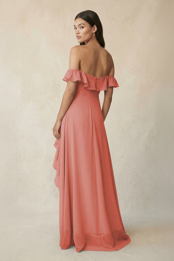 Ruffled Off-the-Shoulder A-Line Chiffon Bridesmaid Dress in Mulberry - SHE IS ME BRIDESMAID DRESSES