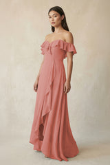 Ruffled Off-the-Shoulder A-Line Chiffon Bridesmaid Dress in Mulberry | KISSBRIDAL