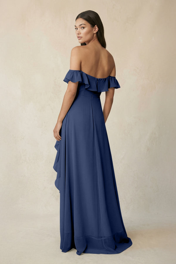 Ruffled Off-the-Shoulder A-Line Chiffon Bridesmaid Dress in Navy - SHE IS ME BRIDESMAID DRESSES