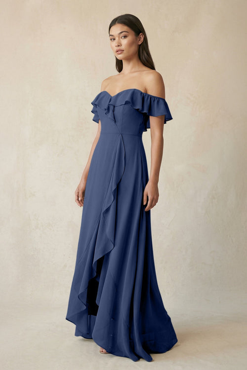 Ruffled Off-the-Shoulder A-Line Chiffon Bridesmaid Dress in Navy - SHE IS ME BRIDESMAID DRESSES