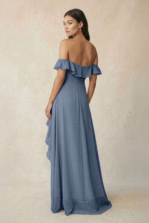 Ruffled Off-the-Shoulder A-Line Chiffon Bridesmaid Dress in Neptune - SHE IS ME BRIDESMAID DRESSES