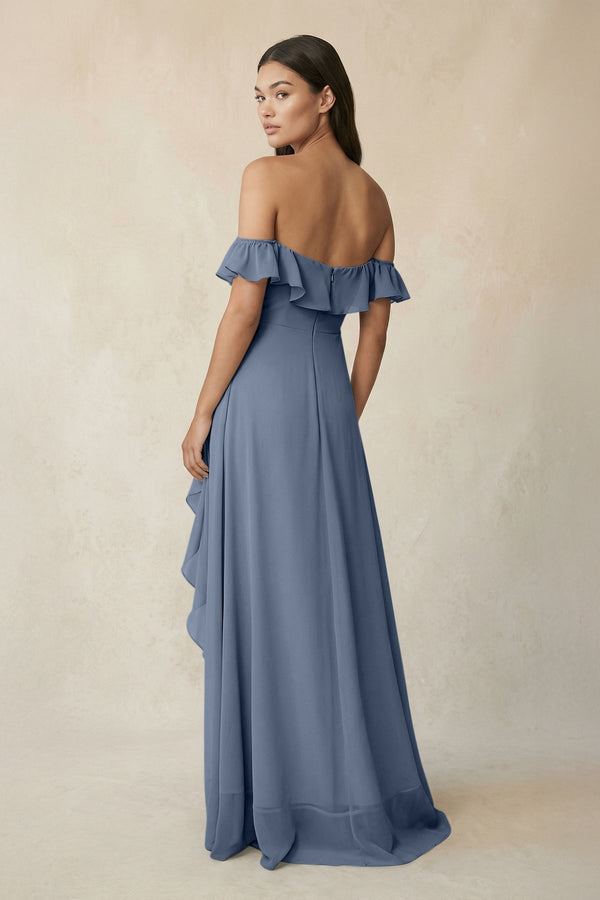 Ruffled Off-the-Shoulder A-Line Chiffon Bridesmaid Dress in Neptune - SHE IS ME BRIDESMAID DRESSES