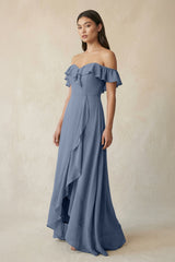 Ruffled Off-the-Shoulder A-Line Chiffon Bridesmaid Dress in Neptune - KISS BRIDAL BRIDESMAID DRESSES