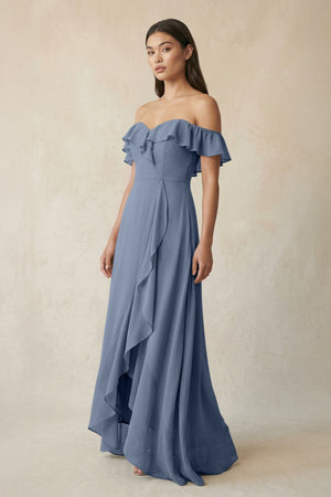 Ruffled Off-the-Shoulder A-Line Chiffon Bridesmaid Dress in Neptune - SHE IS ME BRIDESMAID DRESSES