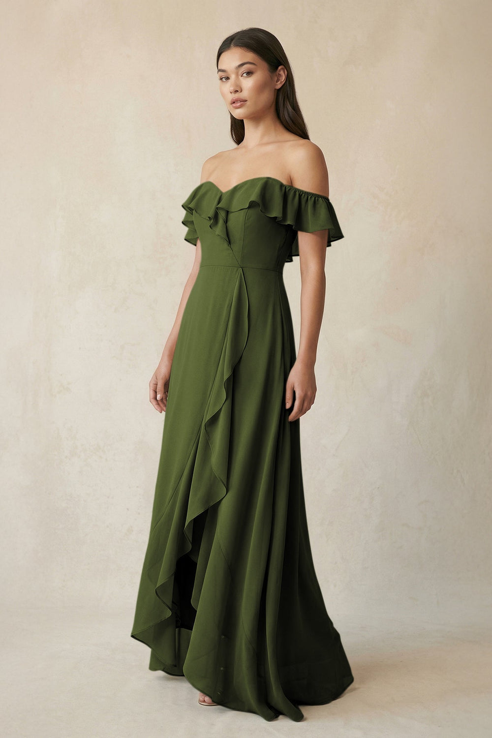 Ruffled Off-the-Shoulder A-Line Chiffon Bridesmaid Dress in Olive - KISS BRIDAL BRIDESMAID DRESSES
