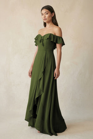 Ruffled Off-the-Shoulder A-Line Chiffon Bridesmaid Dress in Olive - SHE IS ME BRIDESMAID DRESSES