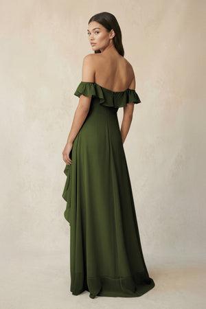 Ruffled Off-the-Shoulder A-Line Chiffon Bridesmaid Dress in Olive - SHE IS ME BRIDESMAID DRESSES