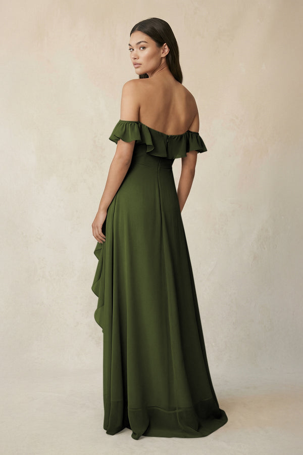 Ruffled Off-the-Shoulder A-Line Chiffon Bridesmaid Dress in Olive - SHE IS ME BRIDESMAID DRESSES