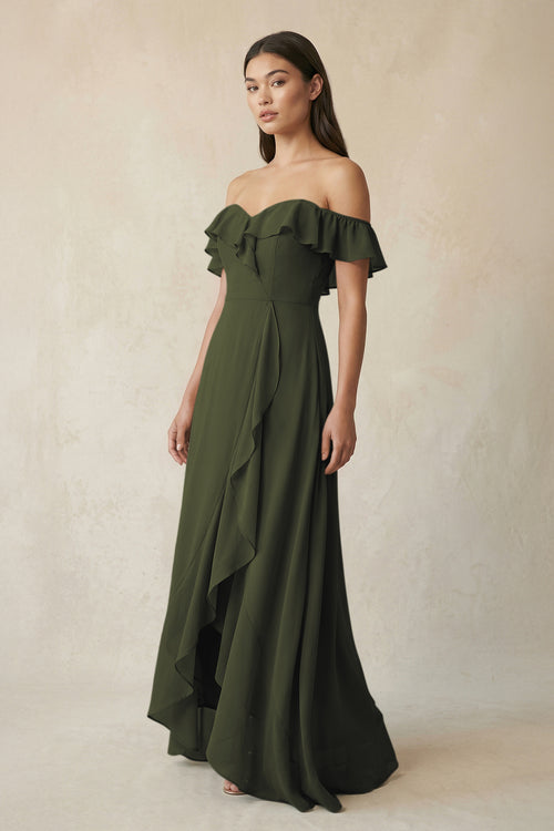 Ruffled Off-the-Shoulder A-Line Chiffon Bridesmaid Dress in Olive| KISSBRIDAL