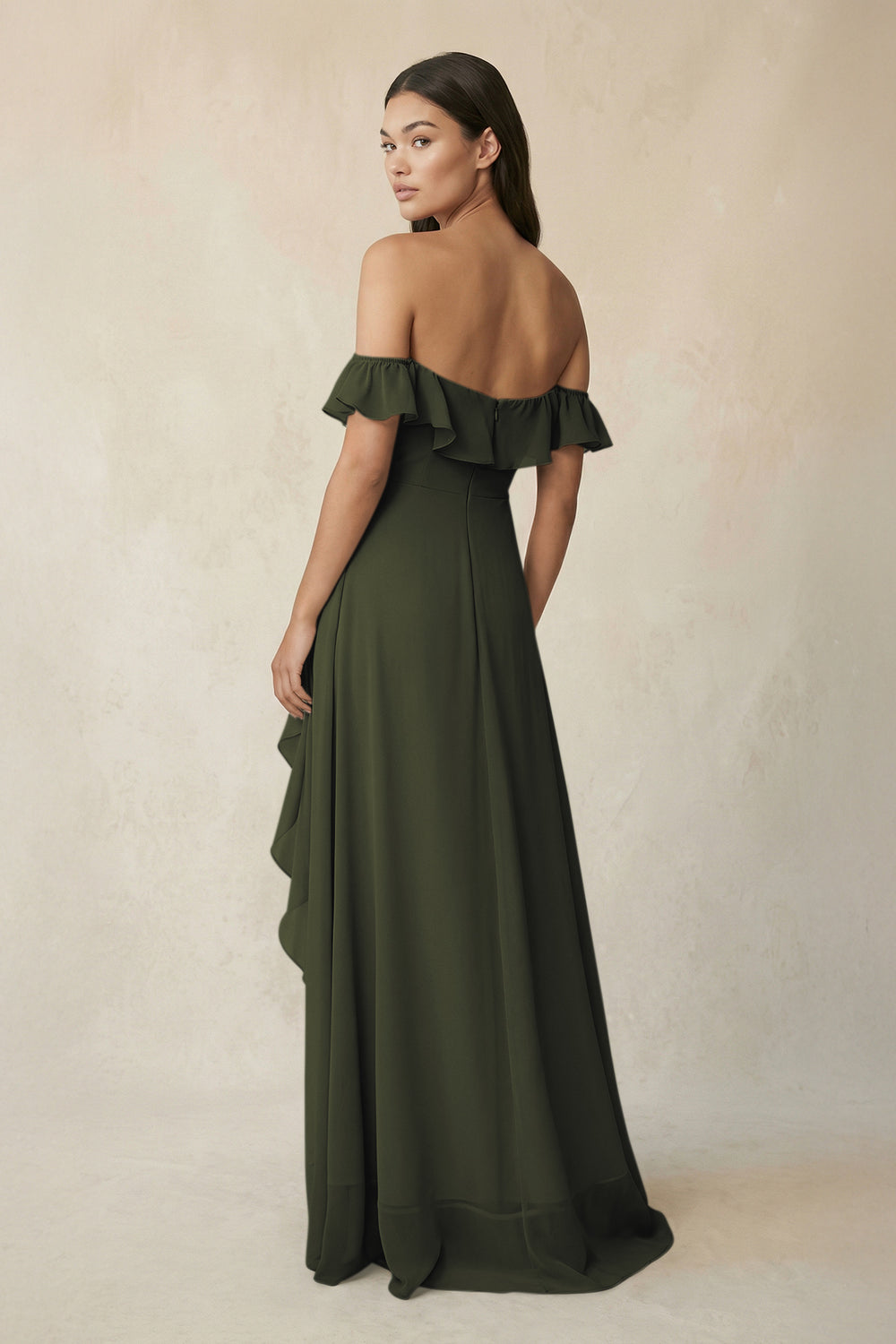 Ruffled Off-the-Shoulder A-Line Chiffon Bridesmaid Dress in Olive
