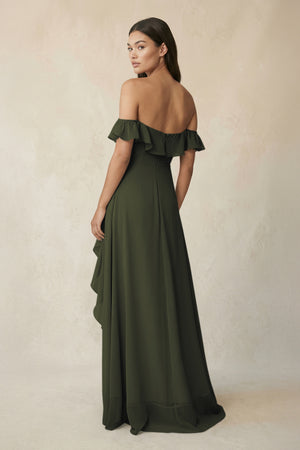 Ruffled Off-the-Shoulder A-Line Chiffon Bridesmaid Dress in Olive| KISSBRIDAL