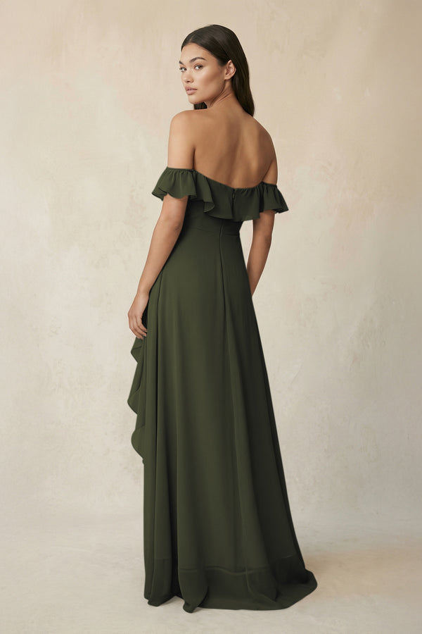 Ruffled Off-the-Shoulder A-Line Chiffon Bridesmaid Dress in Olive| KISSBRIDAL