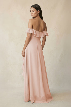 Ruffled Off-the-Shoulder A-Line Chiffon Bridesmaid Dress in Pale Blush - SHE IS ME BRIDESMAID DRESSES