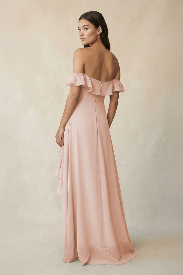Ruffled Off-the-Shoulder A-Line Chiffon Bridesmaid Dress in Pale Blush - SHE IS ME BRIDESMAID DRESSES