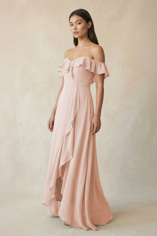 Ruffled Off-the-Shoulder A-Line Chiffon Bridesmaid Dress in Pale Blush - SHE IS ME BRIDESMAID DRESSES
