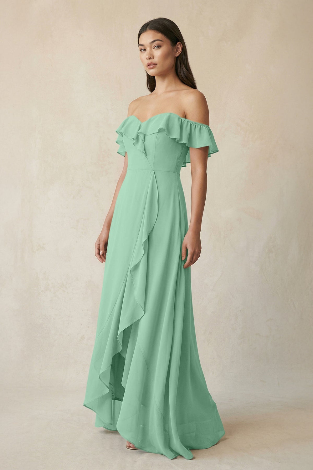 Ruffled Off-the-Shoulder A-Line Chiffon Bridesmaid Dress in Pale Pistachio - KISS BRIDAL BRIDESMAID DRESSES