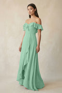 Ruffled Off-the-Shoulder A-Line Chiffon Bridesmaid Dress in Pale Pistachio - SHE IS ME BRIDESMAID DRESSES