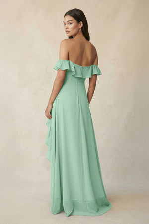 Ruffled Off-the-Shoulder A-Line Chiffon Bridesmaid Dress in Pale Pistachio (2) | KISSBRIDAL