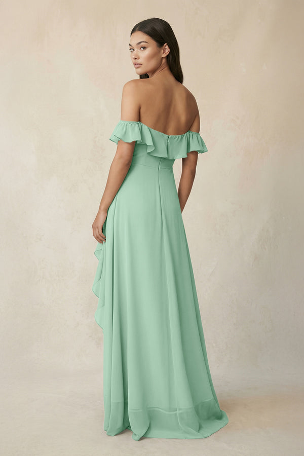 Ruffled Off-the-Shoulder A-Line Chiffon Bridesmaid Dress in Pale Pistachio (2) | KISSBRIDAL