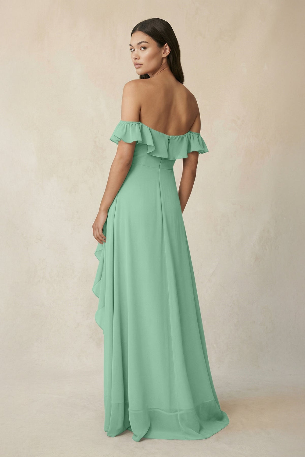 Ruffled Off-the-Shoulder A-Line Chiffon Bridesmaid Dress in Pale Pistachio - KISS BRIDAL BRIDESMAID DRESSES