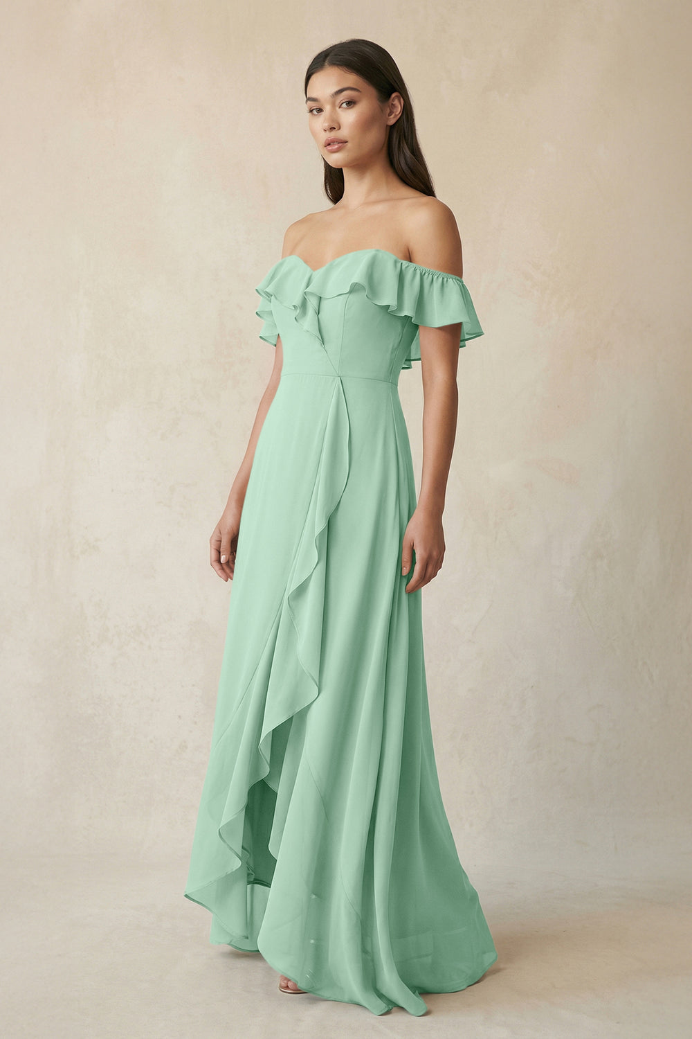 Ruffled Off-the-Shoulder A-Line Chiffon Bridesmaid Dress in Pale Pistachio