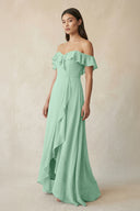 Ruffled Off-the-Shoulder A-Line Chiffon Bridesmaid Dress in Pale Pistachio | KISSBRIDAL