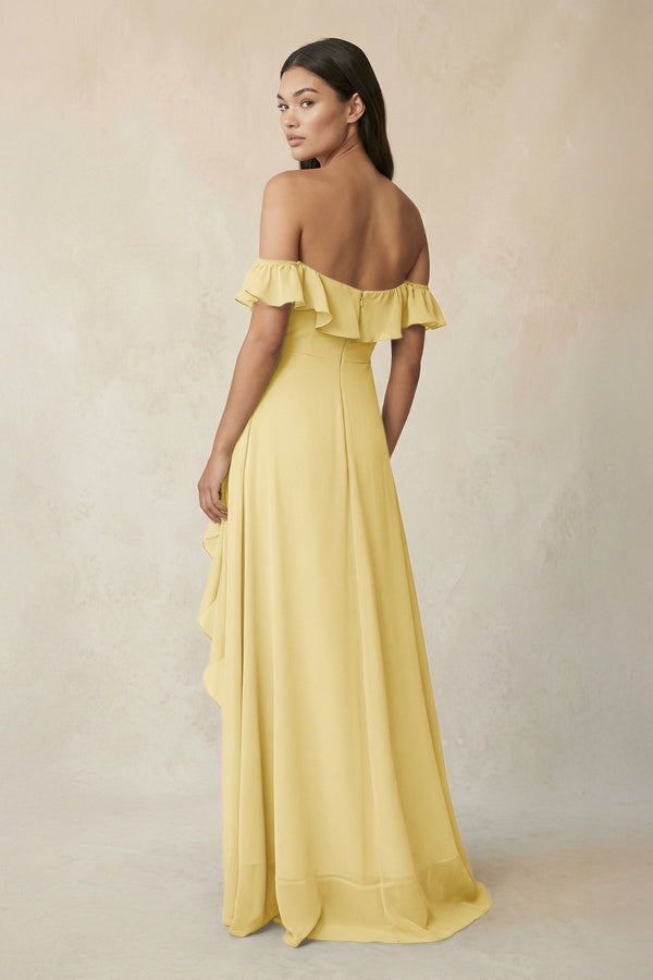 Ruffled Off-the-Shoulder A-Line Chiffon Bridesmaid Dress in Pastel Yellow - SHE IS ME BRIDESMAID DRESSES
