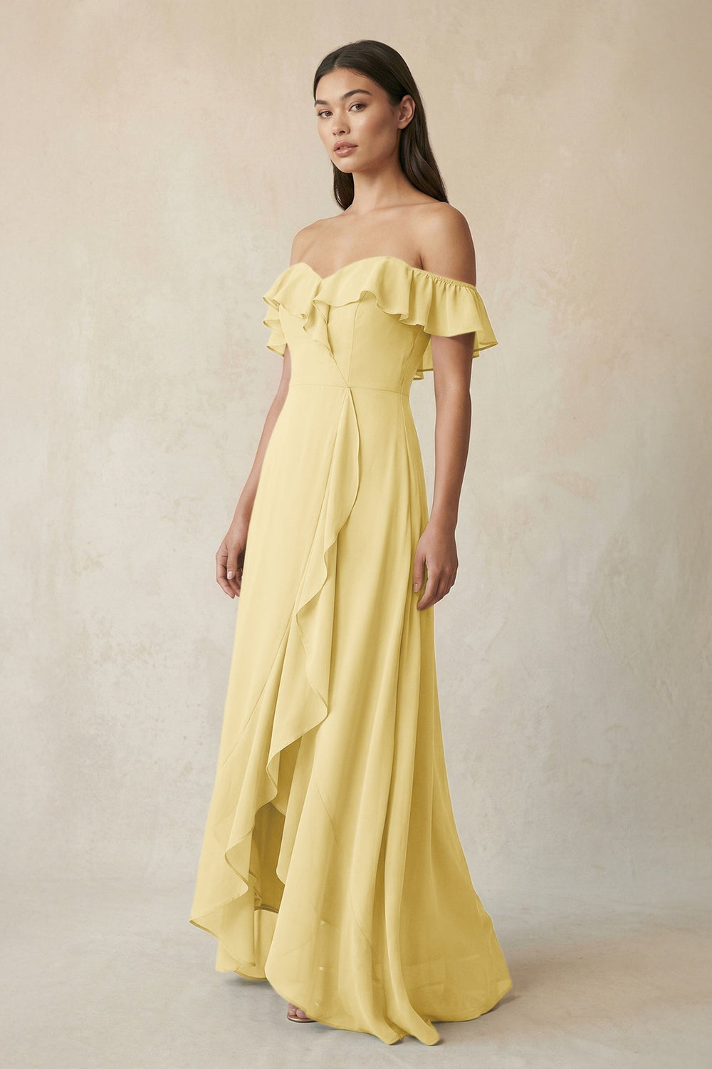 Ruffled Off-the-Shoulder A-Line Chiffon Bridesmaid Dress in Pastel Yellow - KISS BRIDAL BRIDESMAID DRESSES