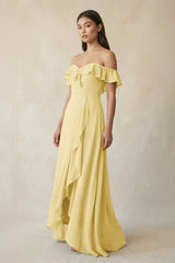 Ruffled Off-the-Shoulder A-Line Chiffon Bridesmaid Dress in Pastel Yellow - KISS BRIDAL BRIDESMAID DRESSES