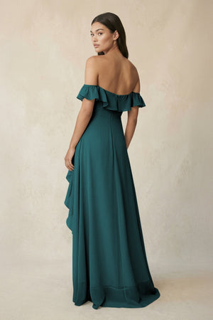 Ruffled Off-the-Shoulder A-Line Chiffon Bridesmaid Dress in Pine - SHE IS ME BRIDESMAID DRESSES