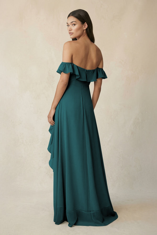 Ruffled Off-the-Shoulder A-Line Chiffon Bridesmaid Dress in Pine - SHE IS ME BRIDESMAID DRESSES