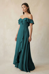Ruffled Off-the-Shoulder A-Line Chiffon Bridesmaid Dress in Pine - KISS BRIDAL BRIDESMAID DRESSES