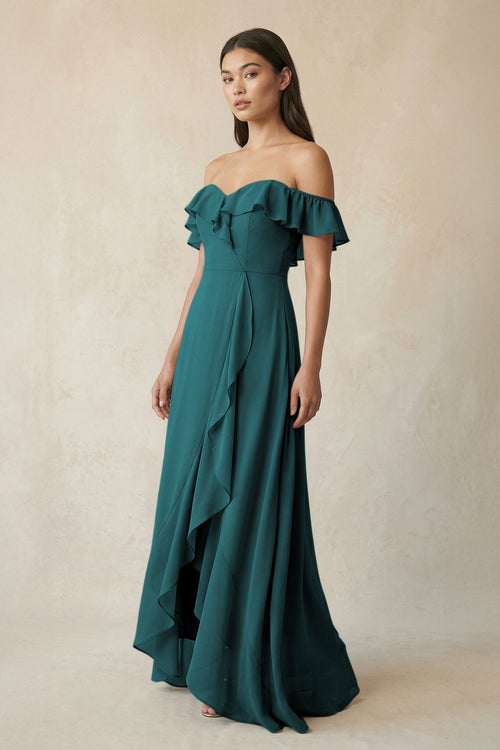 Ruffled Off-the-Shoulder A-Line Chiffon Bridesmaid Dress in Pine - SHE IS ME BRIDESMAID DRESSES