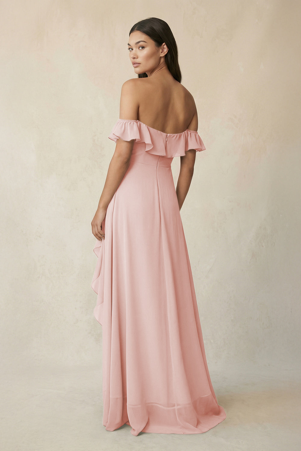 Ruffled Off-the-Shoulder A-Line Chiffon Bridesmaid Dress in Rose Petal
