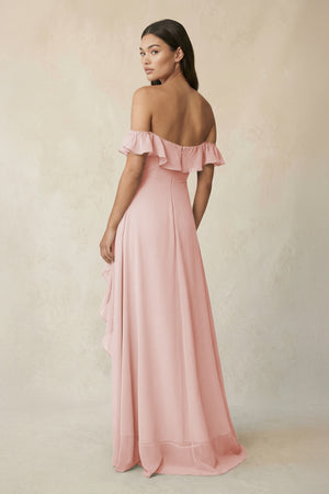 Ruffled Off-the-Shoulder A-Line Chiffon Bridesmaid Dress in Rose Petal (2) | KISSBRIDAL