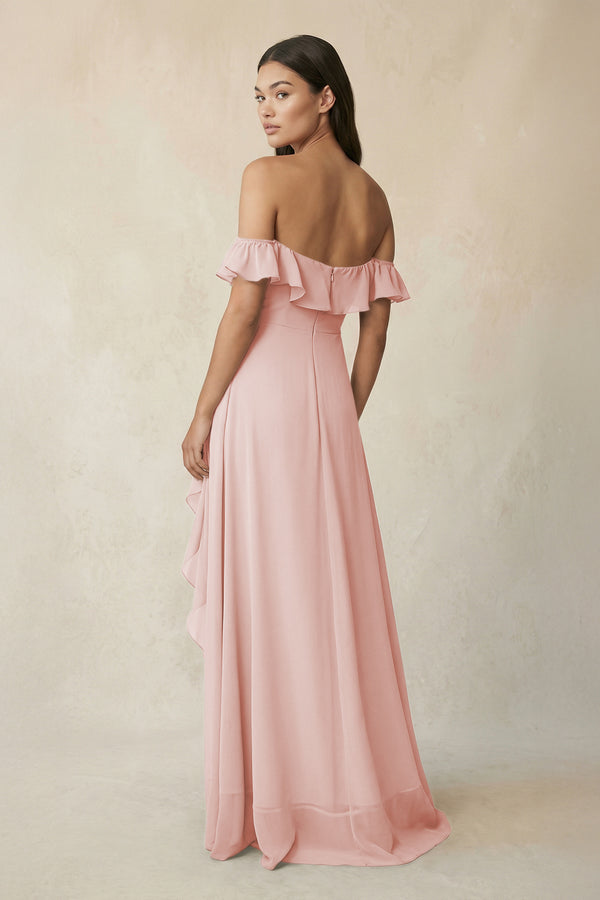 Ruffled Off-the-Shoulder A-Line Chiffon Bridesmaid Dress in Rose Petal (2) | KISSBRIDAL