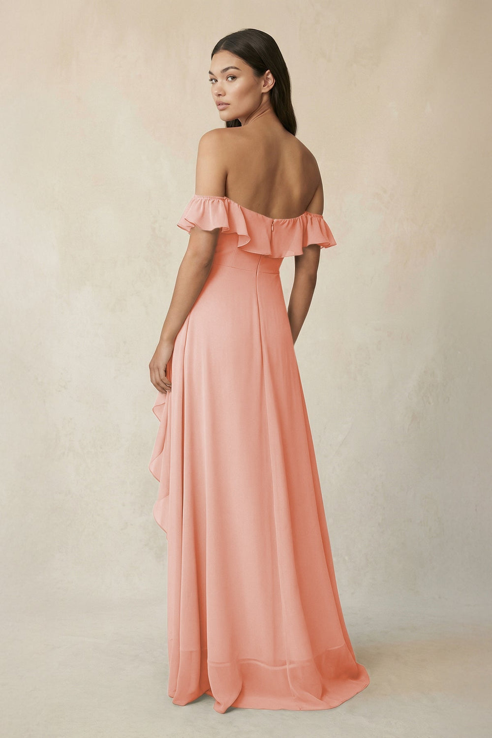Ruffled Off-the-Shoulder A-Line Chiffon Bridesmaid Dress in Rose Petal - KISS BRIDAL BRIDESMAID DRESSES