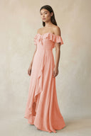 Ruffled Off-the-Shoulder A-Line Chiffon Bridesmaid Dress in Rose Petal - SHE IS ME BRIDESMAID DRESSES