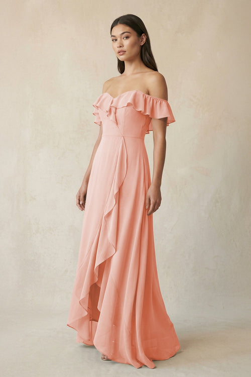 Ruffled Off-the-Shoulder A-Line Chiffon Bridesmaid Dress in Rose Petal - SHE IS ME BRIDESMAID DRESSES