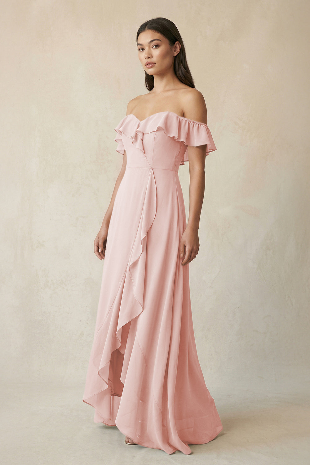 Ruffled Off-the-Shoulder A-Line Chiffon Bridesmaid Dress in Rose Petal